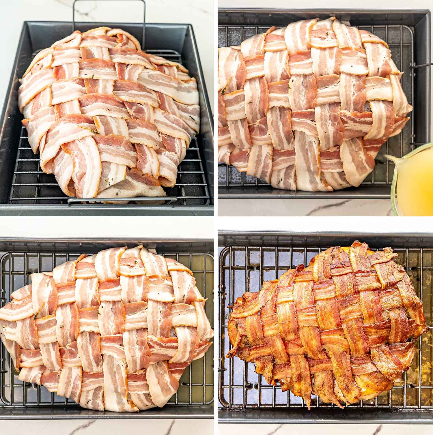 process shots showing how to make bacon wrapped turkey breast.