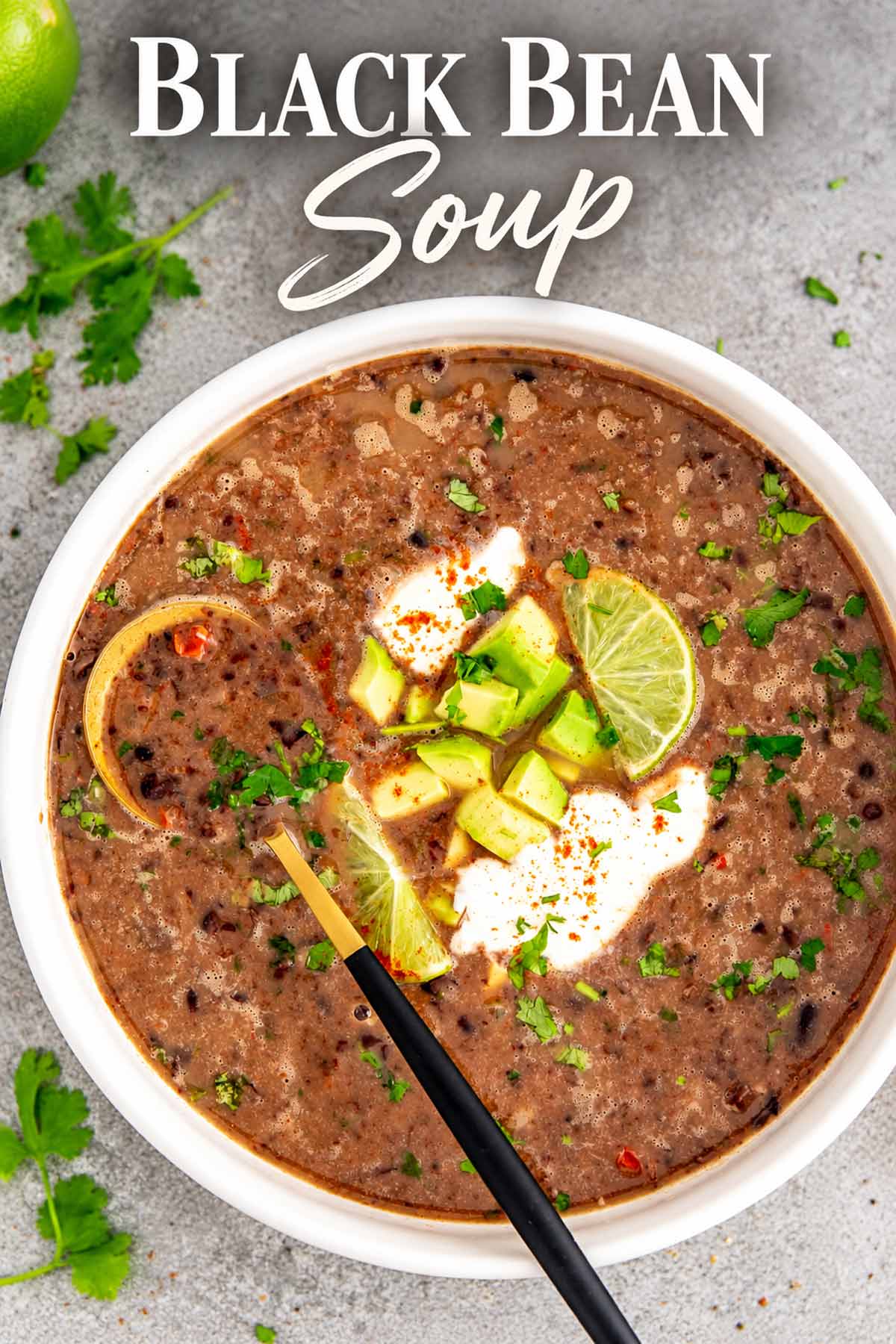 Creamy black bean soup topped with avocado, sour cream, lime wedges, cilantro, and spices in a white bowl.