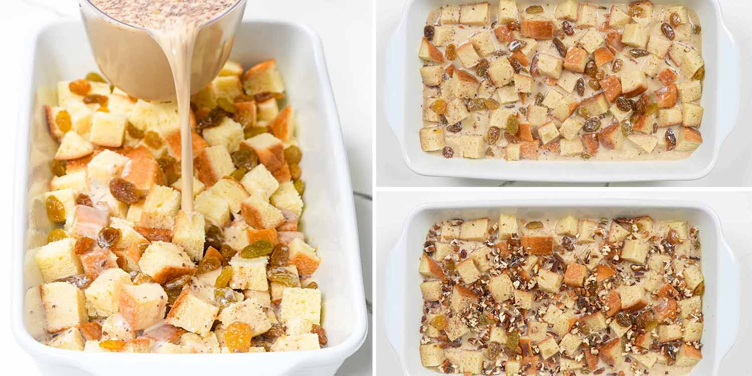 process shots showing how to make bread pudding.