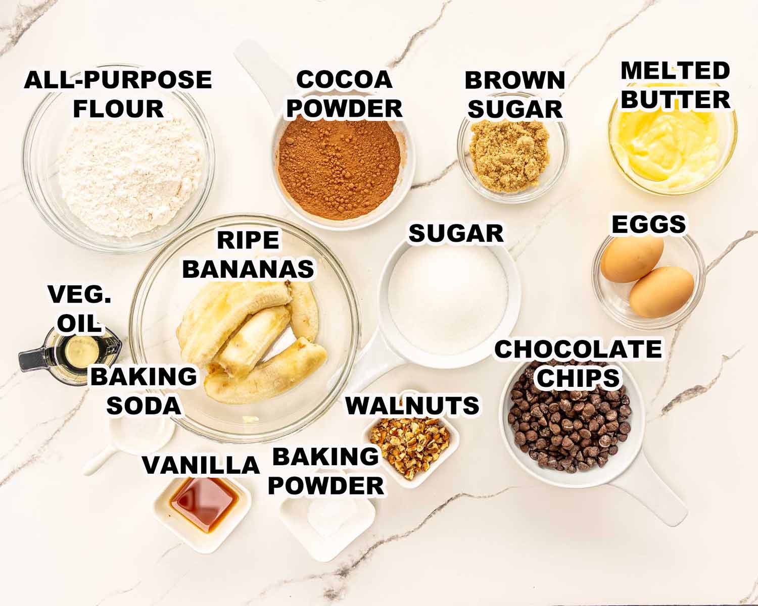 ingredients needed to make chocolate banana bread.