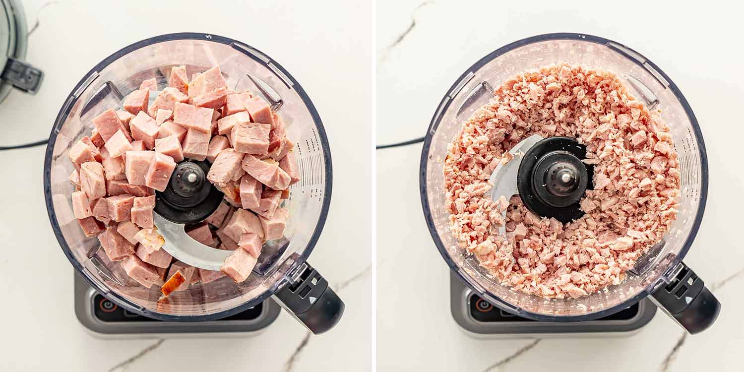 process shots showing how to make ham salad.