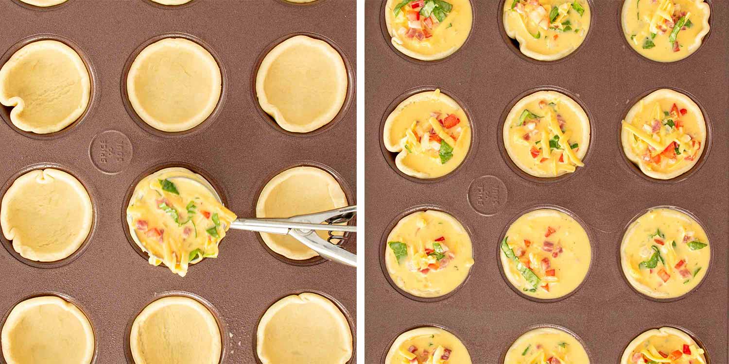 process shots showing how to make mini quiche.