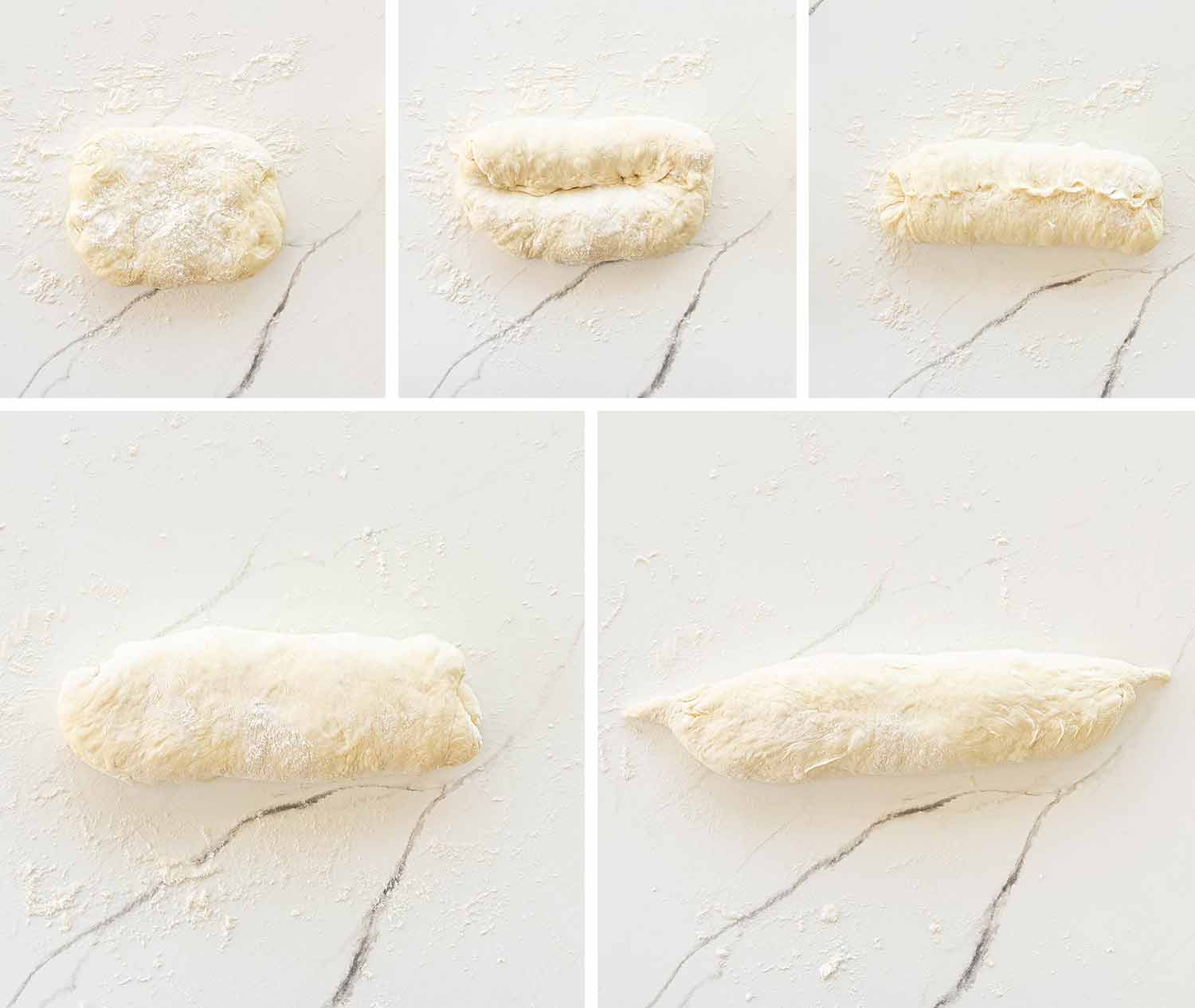 process shots showing how to make no knead baguette.