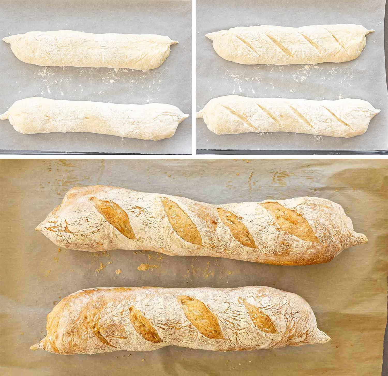 process shots showing how to make no knead baguette.