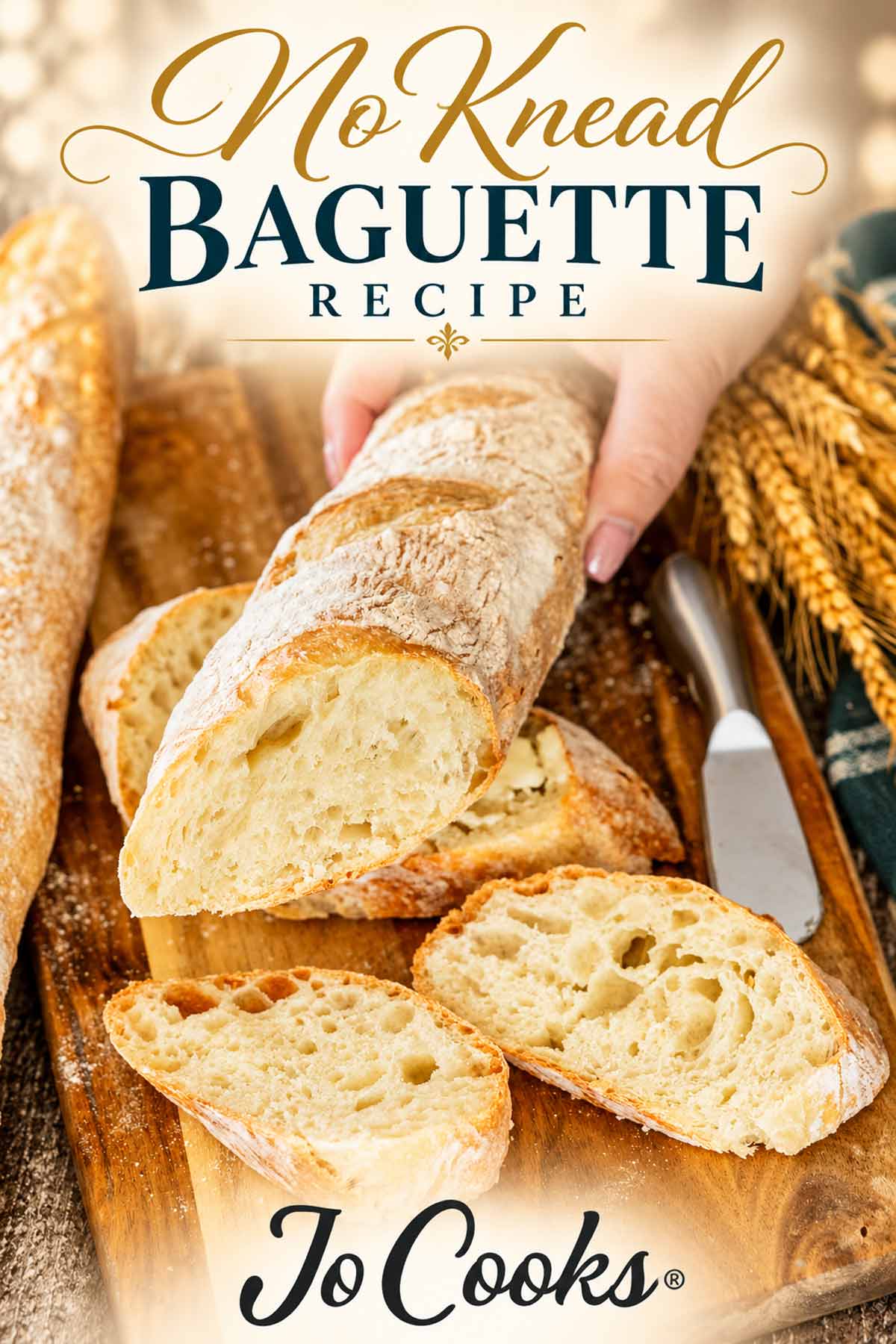 Hand holding a sliced no knead baguette showing its airy crumb, with elegant recipe lettering and Jo Cooks logo.