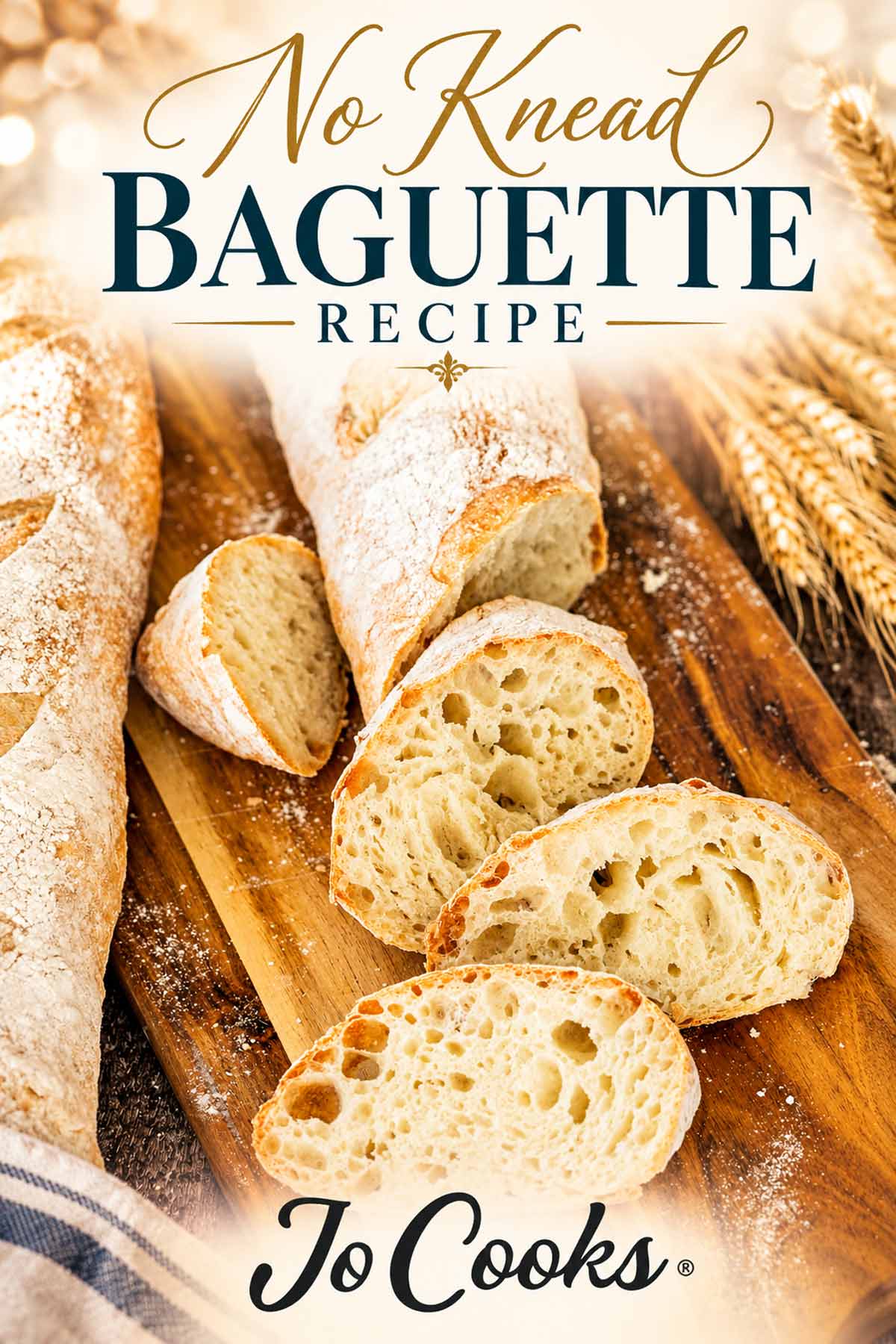 Sliced no knead baguette revealing its airy interior on a wooden board, with recipe title and Jo Cooks logo.