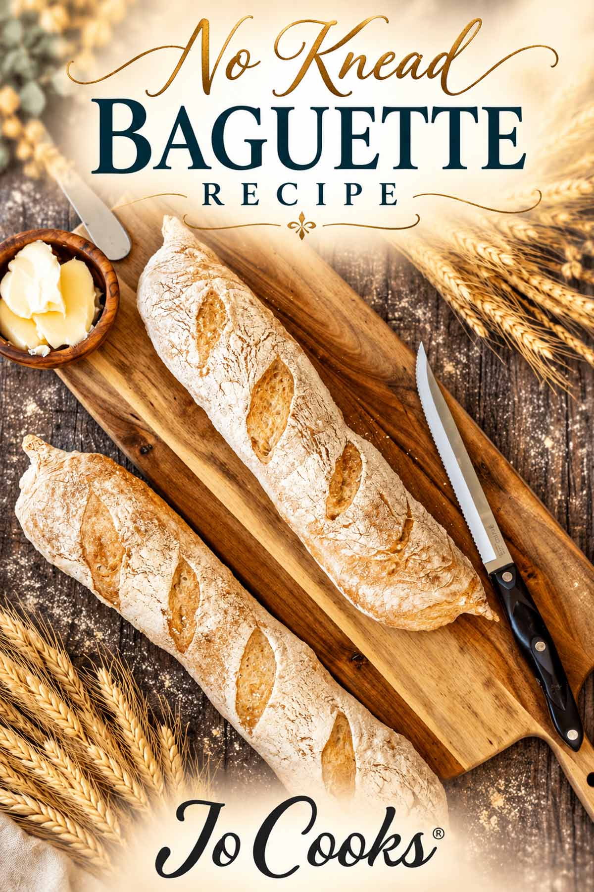 Two golden, flour-dusted no knead baguettes on a wooden board, with elegant recipe title and Jo Cooks logo.