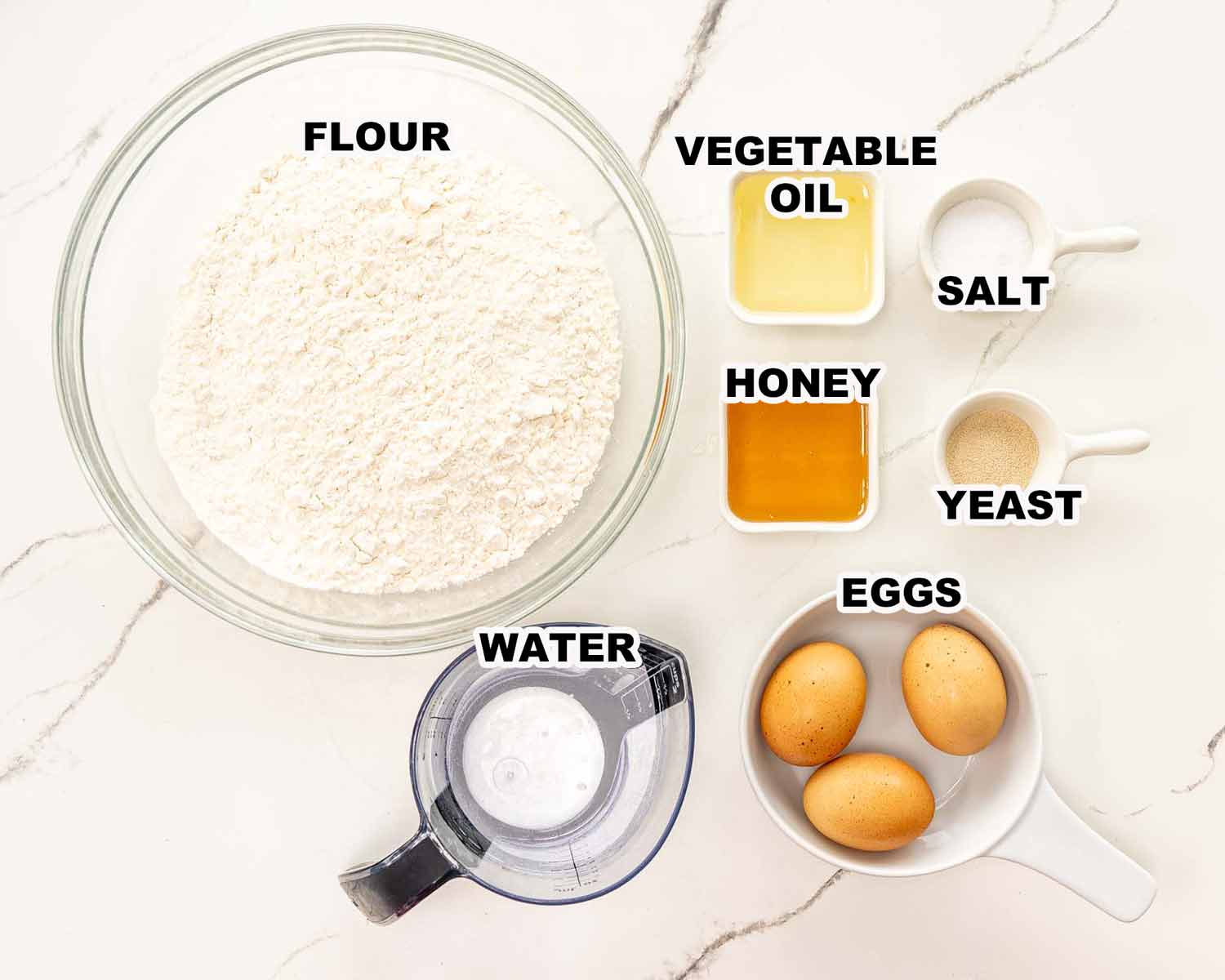 ingredients needed to make no knead challah bread.