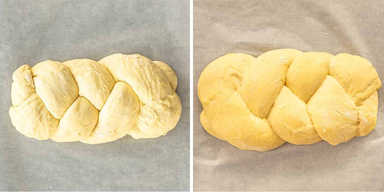process shots showing how to make no knead challah bread.