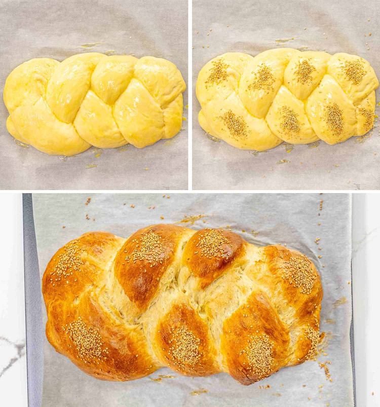 process shots showing how to make no knead challah bread.