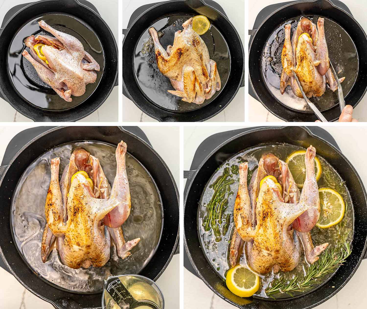 process shots showing how to make roast pheasant.