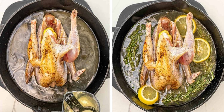 process shots showing how to make roast pheasant.