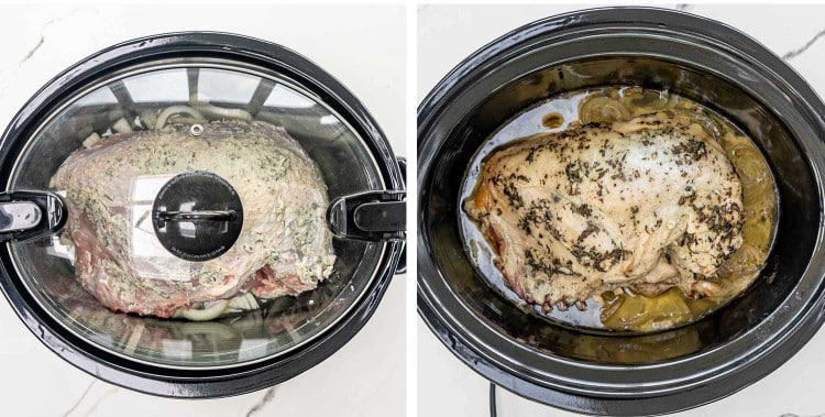 process shots showing how to make slow cooker turkey breast.