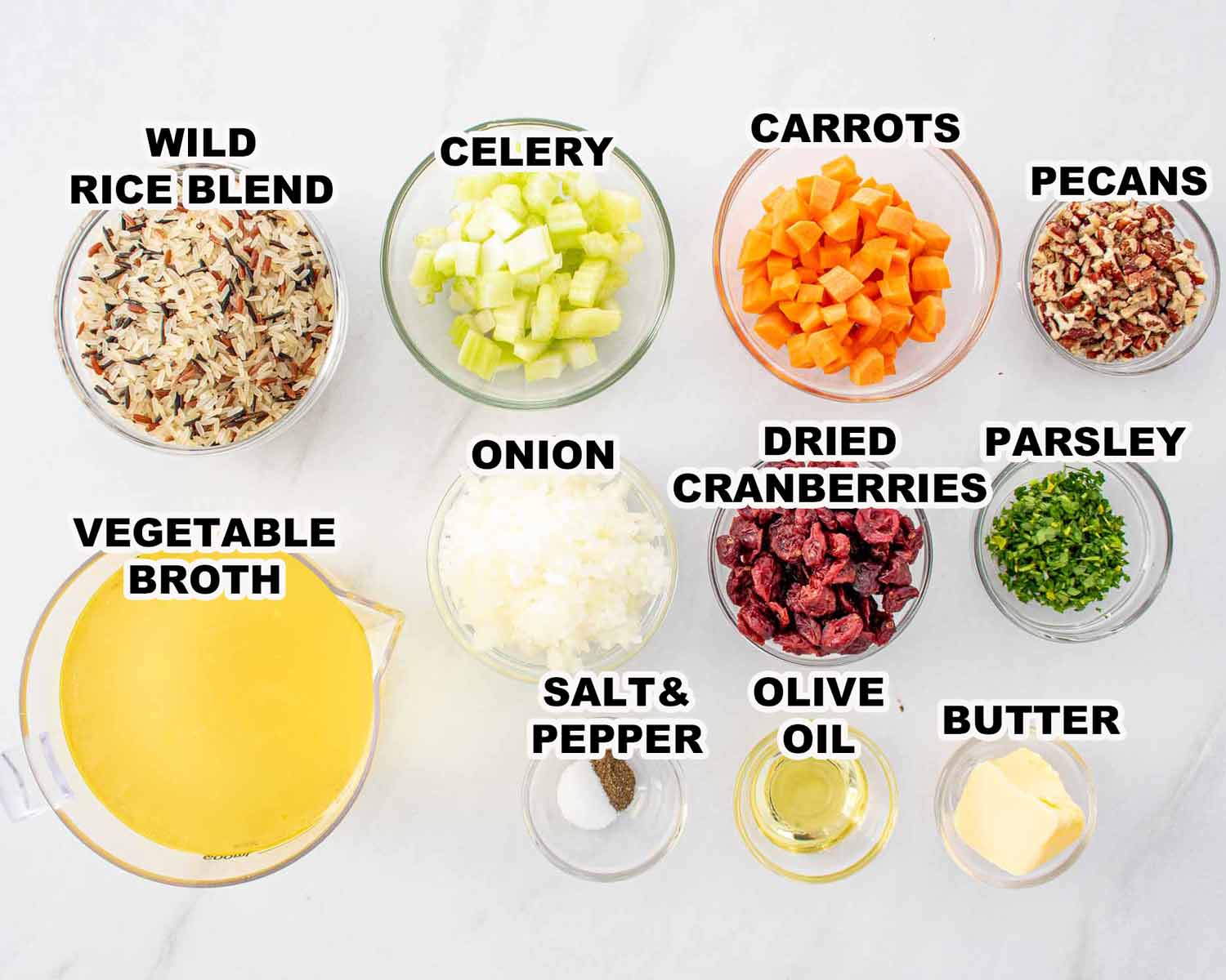 ingredients needed to make wild rice pilaf.