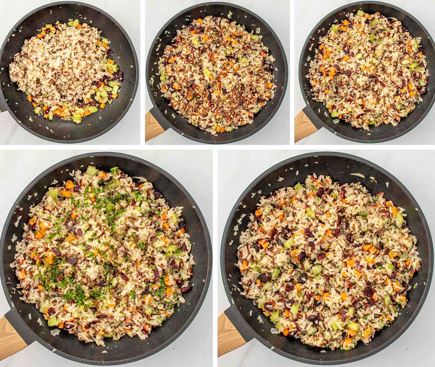 process shots showing how to make wild rice pilaf.