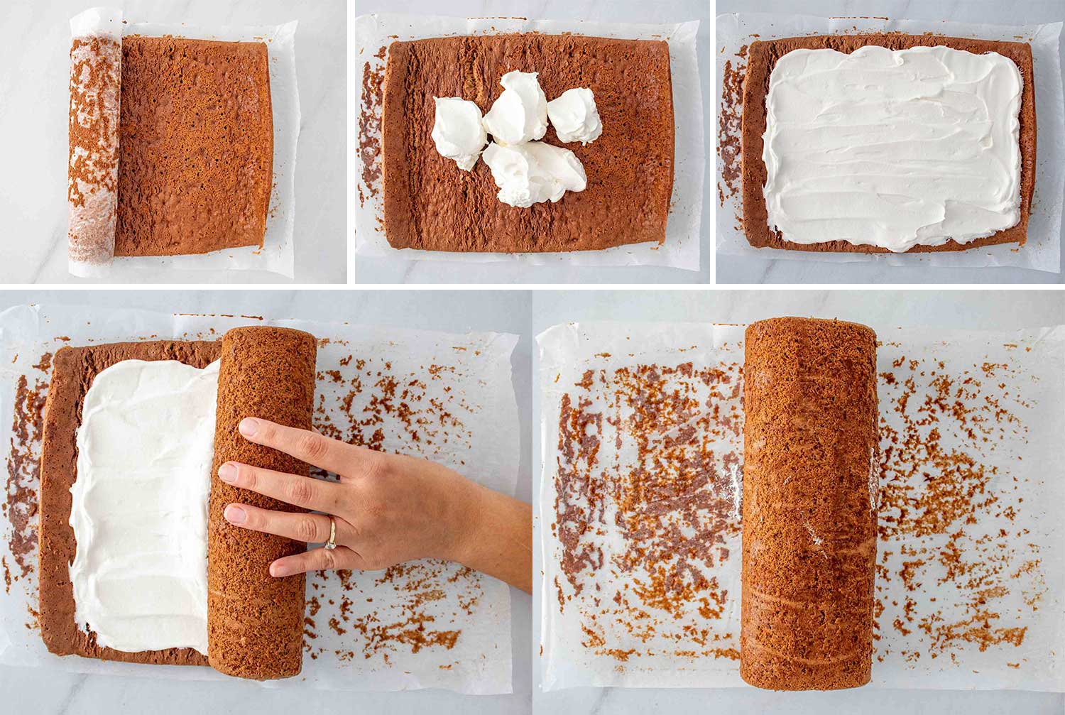 process shots showing how to make buche de noel (yule log cake).