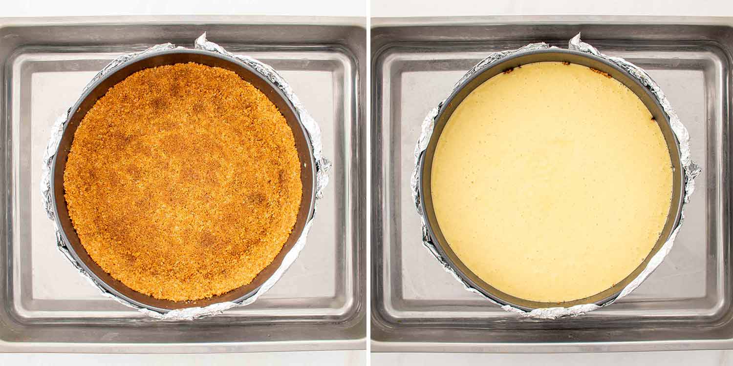 process shots showing how to make eggnog cheesecake.