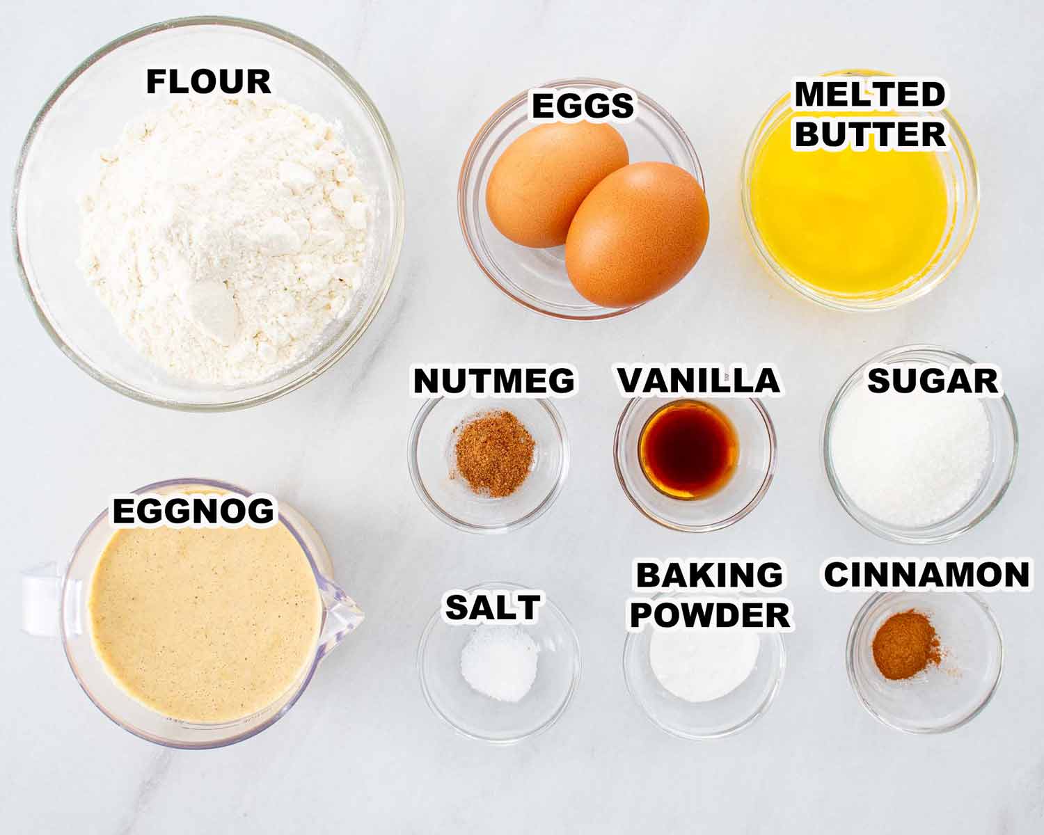 ingredients needed to make eggnog pancakes.