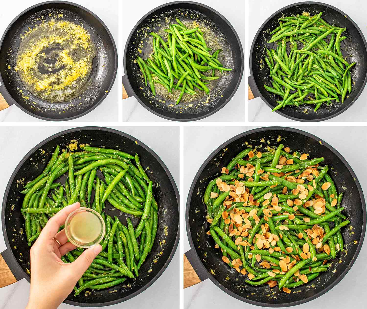 process shots showing how to make green bean almondine.