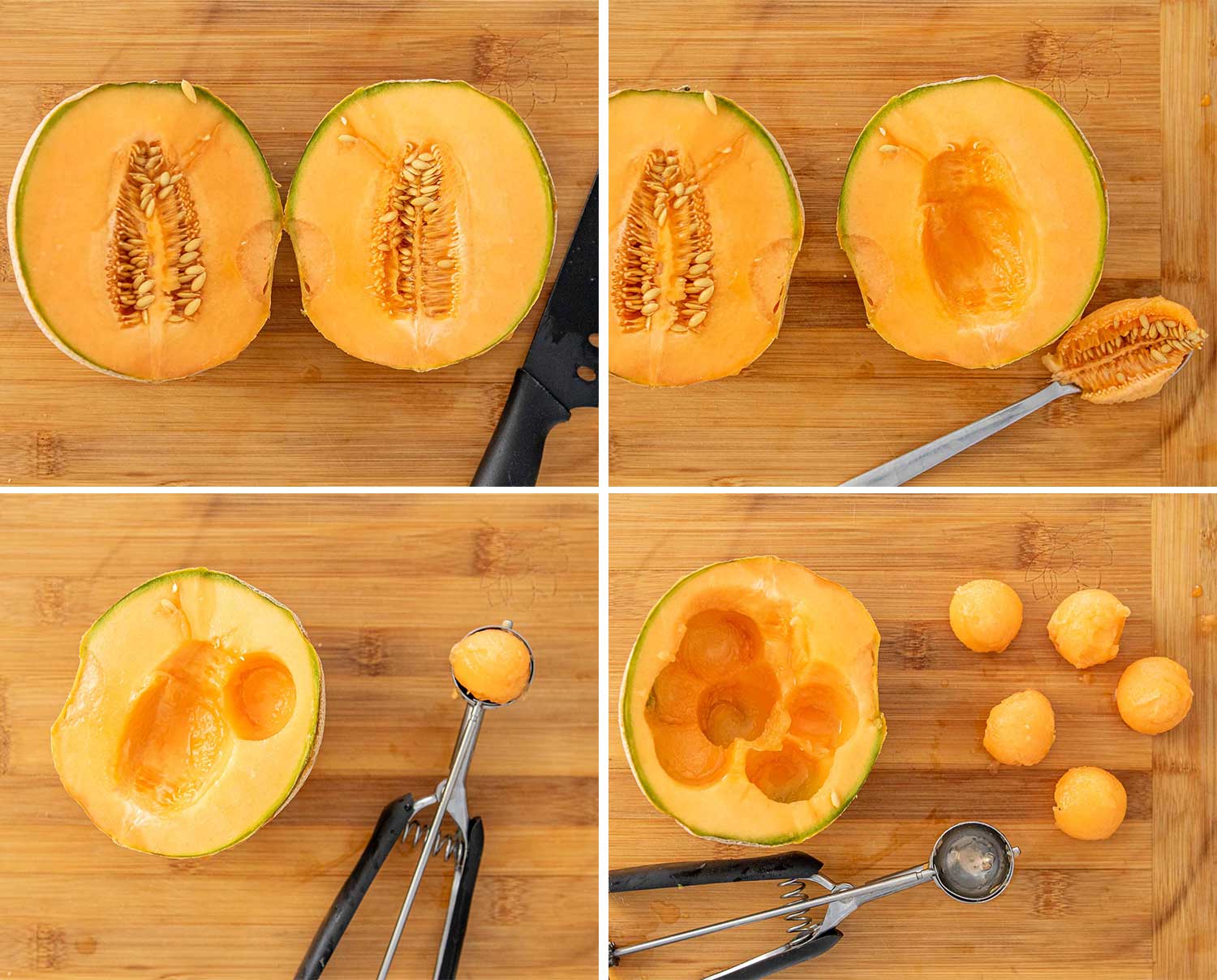 process shots showing how to make melon prosciutto skewers.