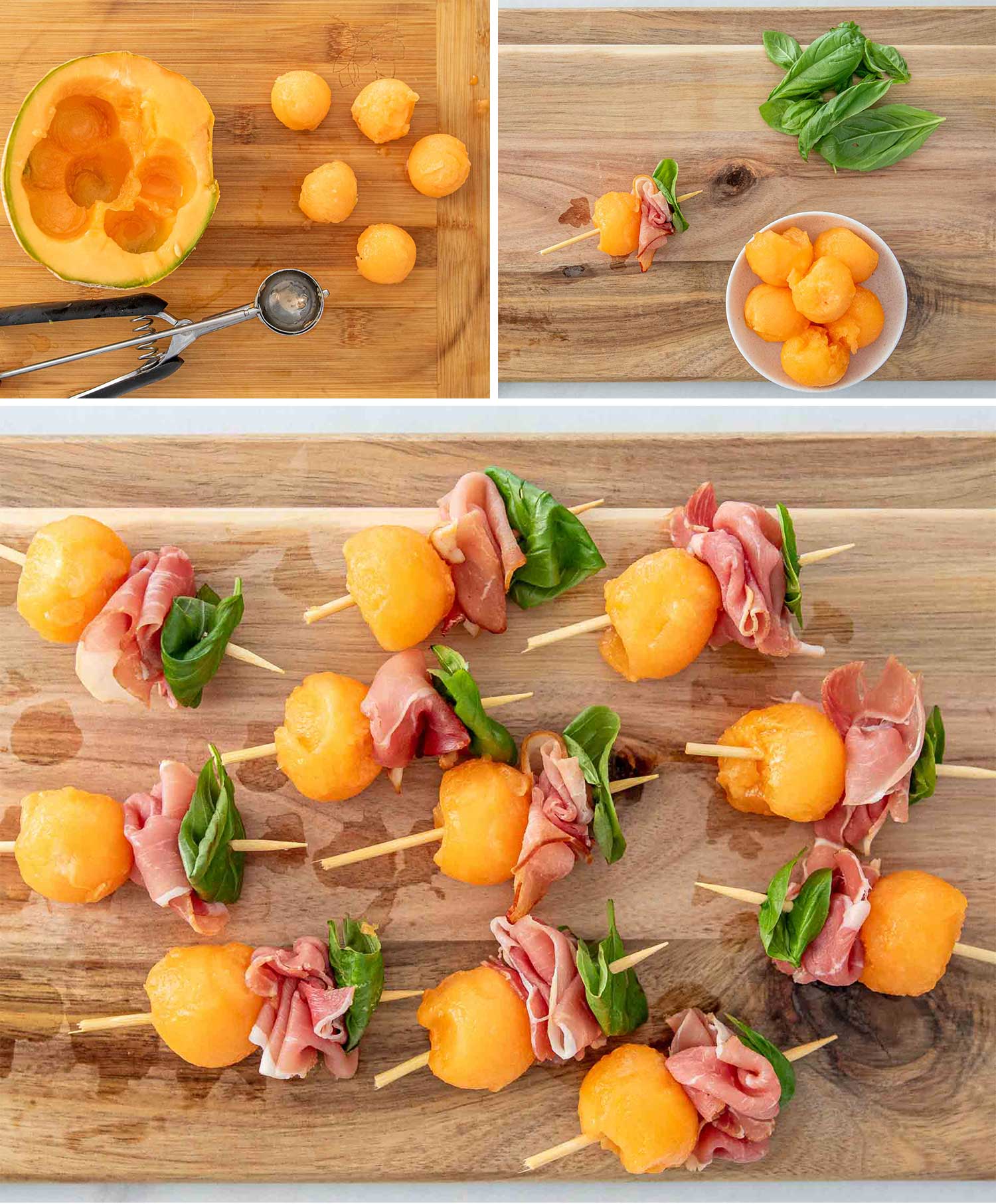 process shots showing how to make melon prosciutto skewers.