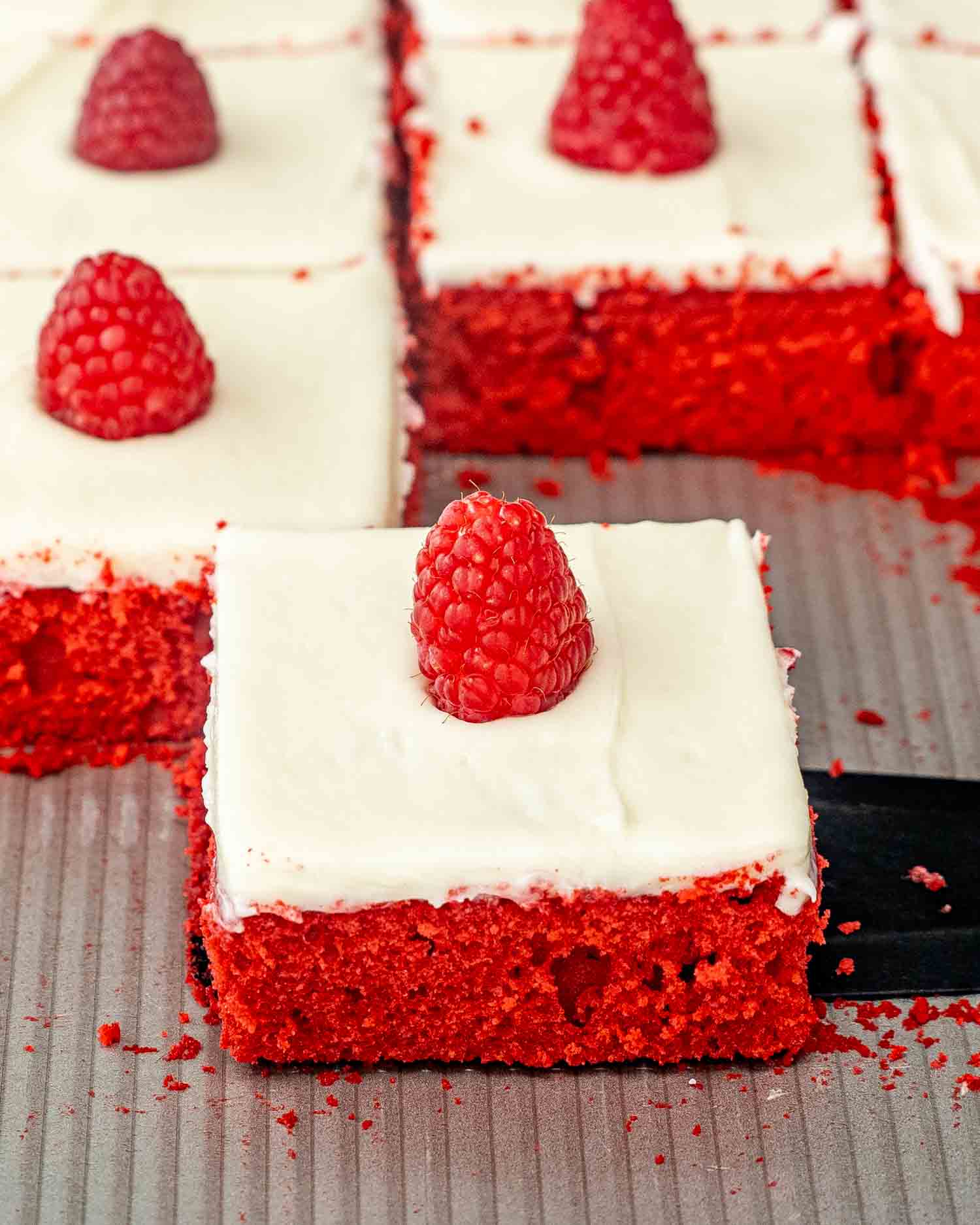 red velvet sheet cake cut into squares and topped with raspberries.