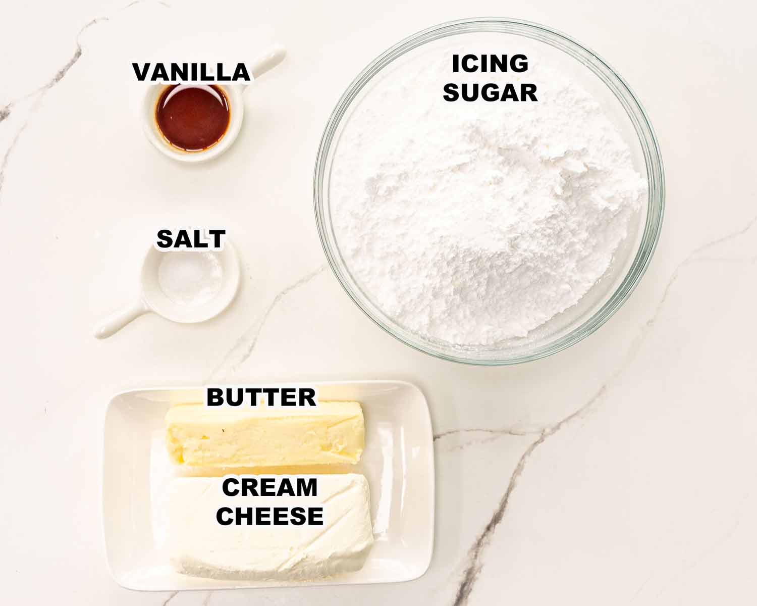 ingredients needed to make cream cheese frosting.