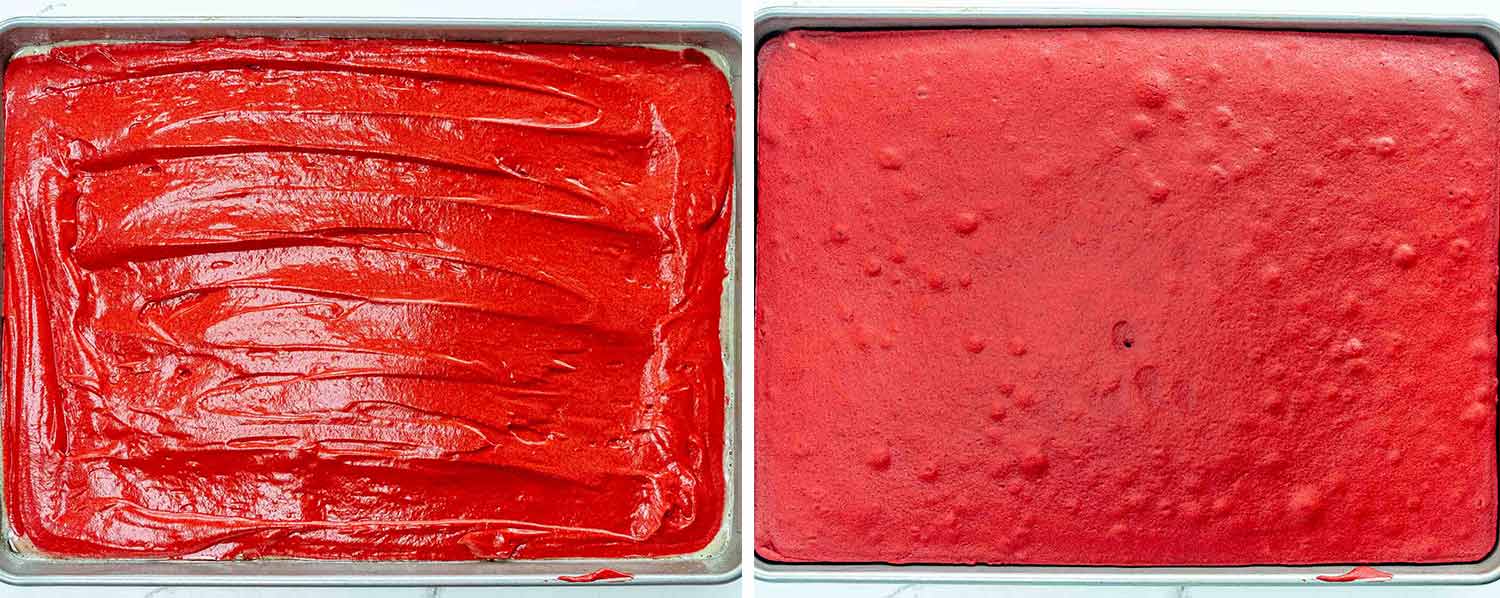 process shots showing how to make red velvet sheet cake and cream cheese frosting.