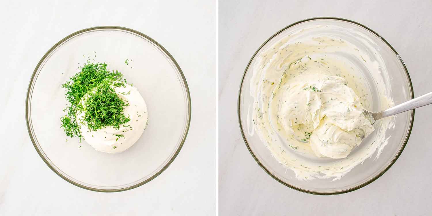 process shots showing how to make smoked salmon blinis.