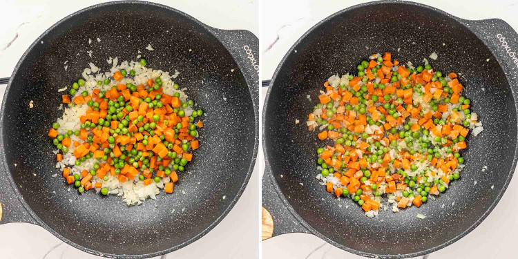 process shots showing how to make chicken fried rice.