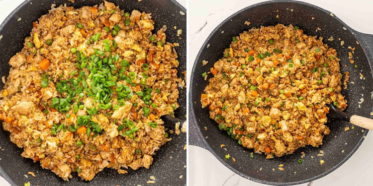 process shots showing how to make chicken fried rice.