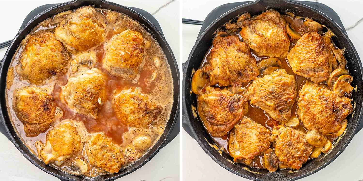 process shots showing how to make chicken marengo.