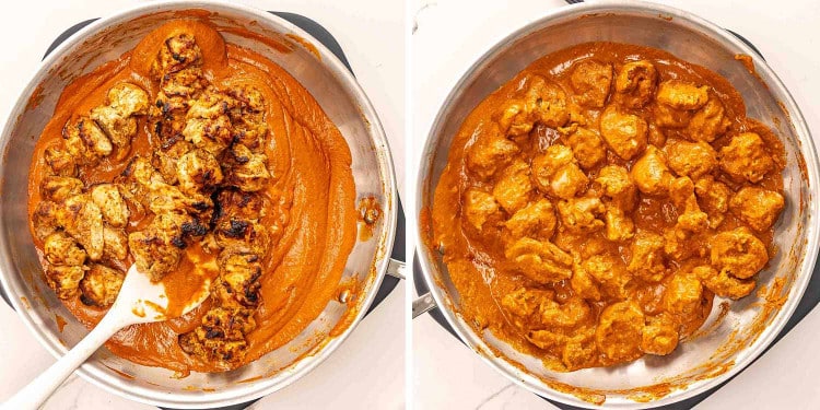 process shots showing how to make chicken tikka masala.