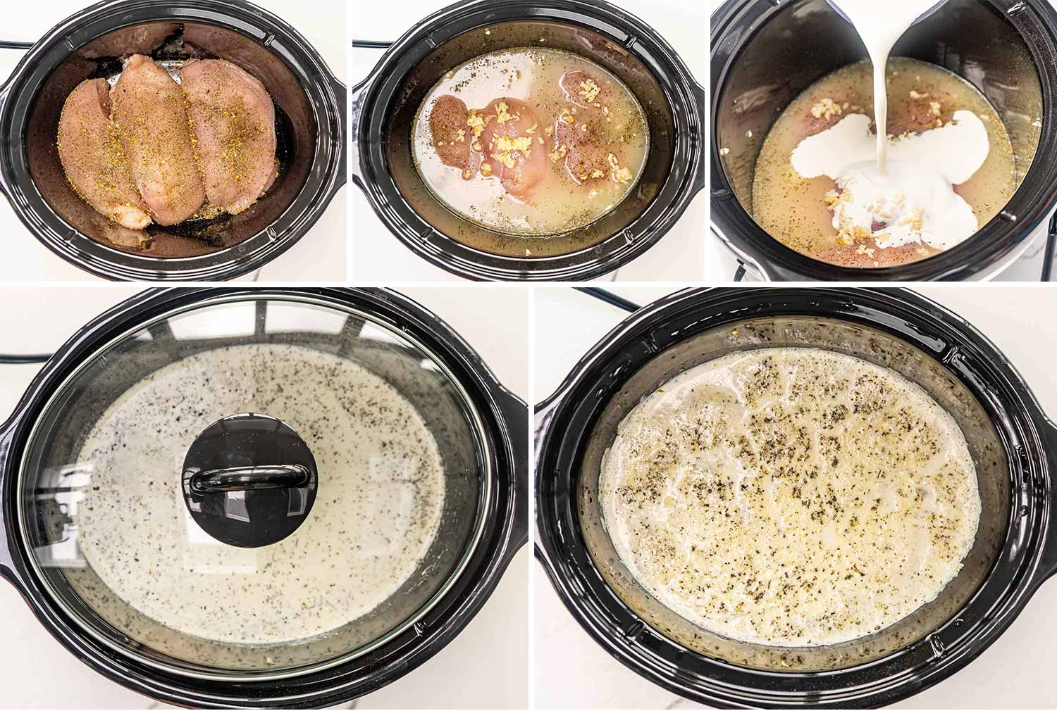 process shots showing how to make crockpot chicken alfredo.