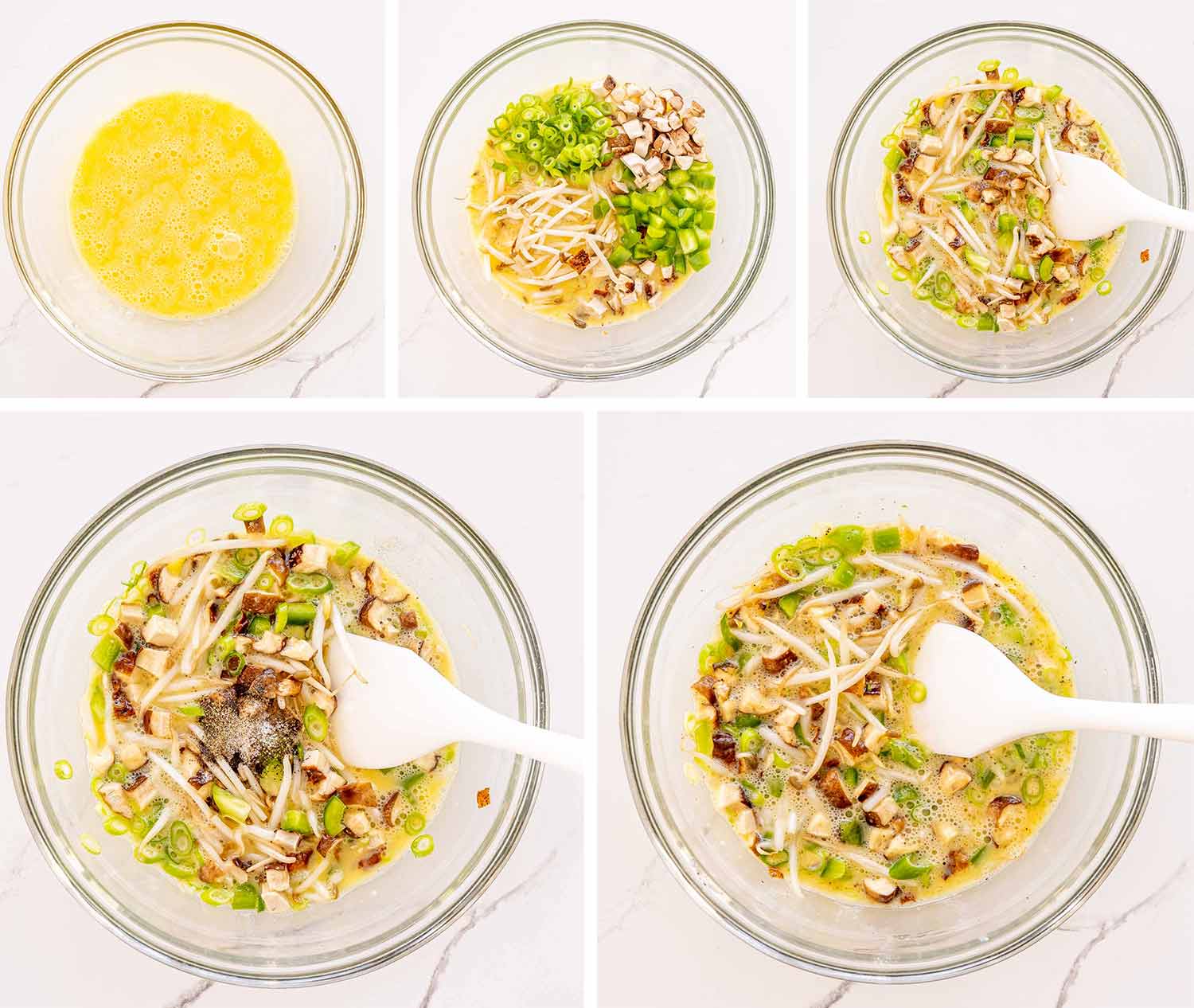 process shots showing how to make egg foo young.