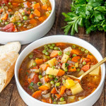 a white bowl with hamburger soup.