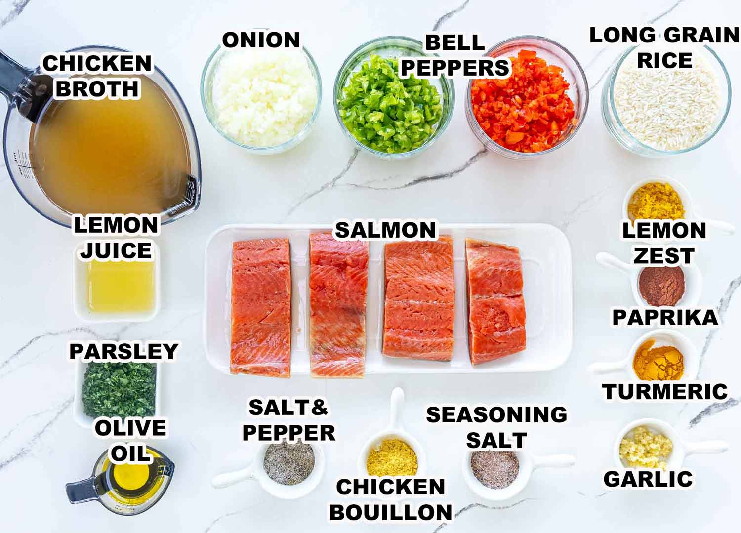 ingredients needed to make one pot salmon and rice.