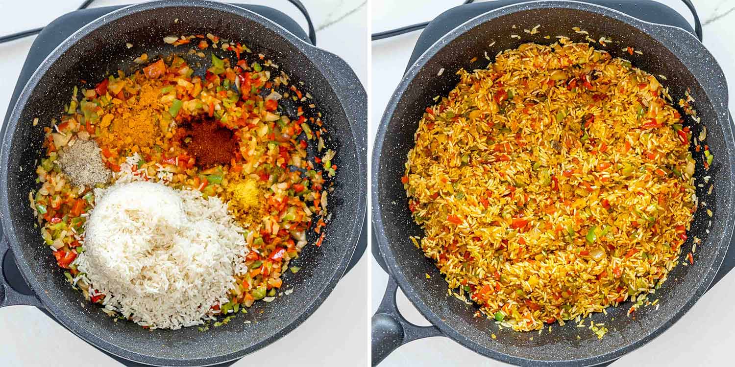 process shots showing how to make one pot salmon and rice.