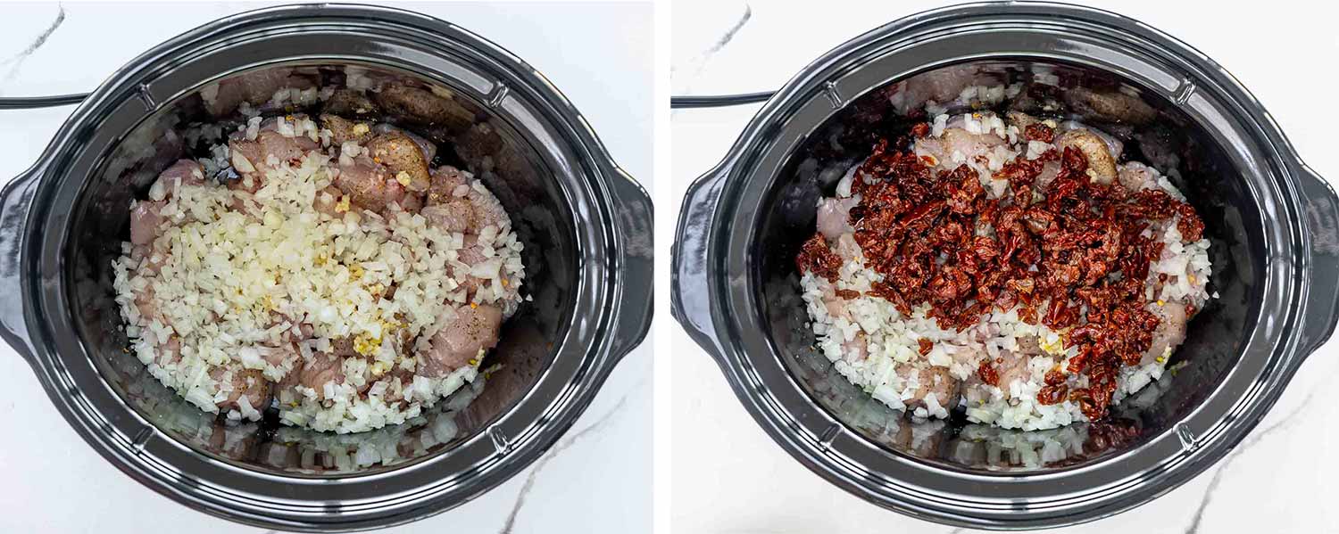process shots showing how to make slow cooker creamy tuscan chicken orzo.