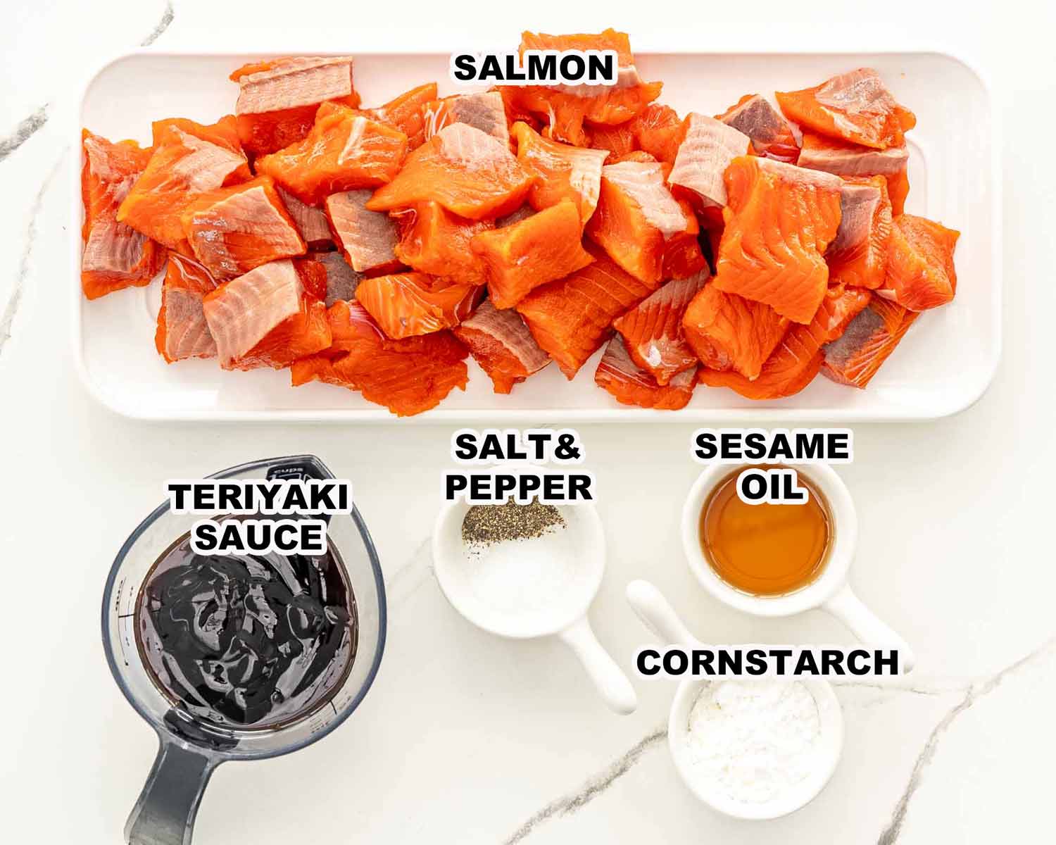 ingredients needed to make teriyaki salmon bites.