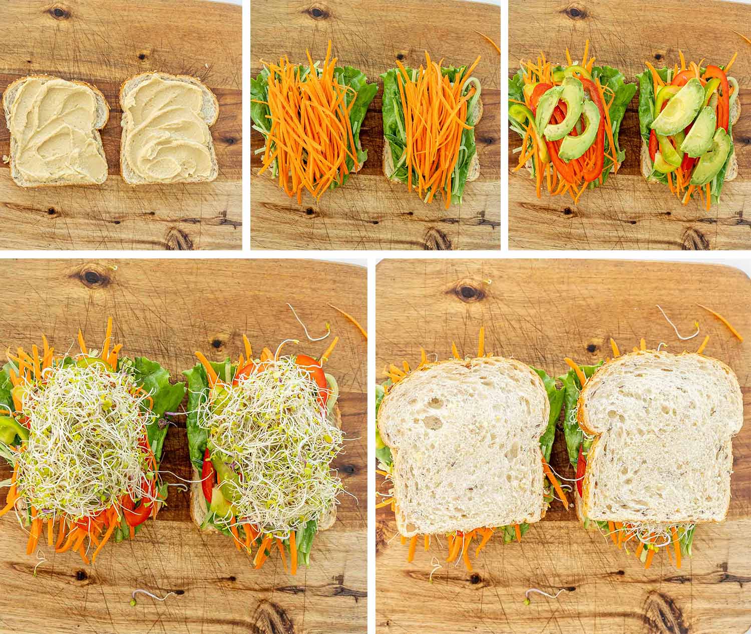 process shots showing how to make veggie hummus sandwich.