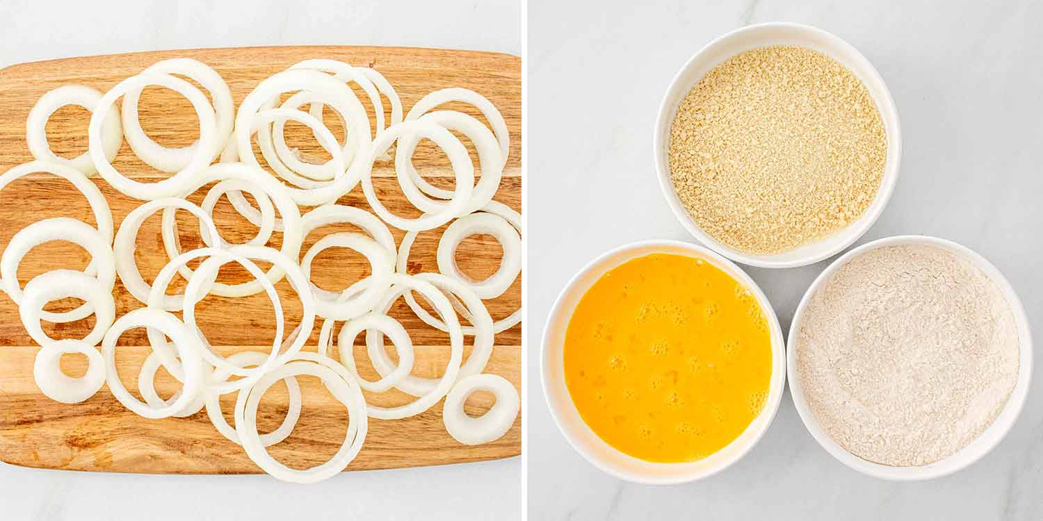 process shots showing how to make air fryer onion rings.
