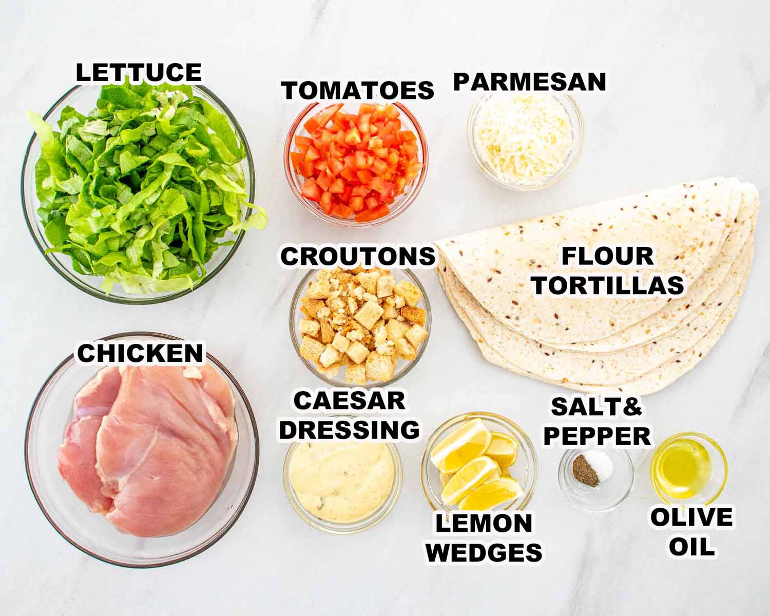 ingredients needed to make chicken caesar wrap.