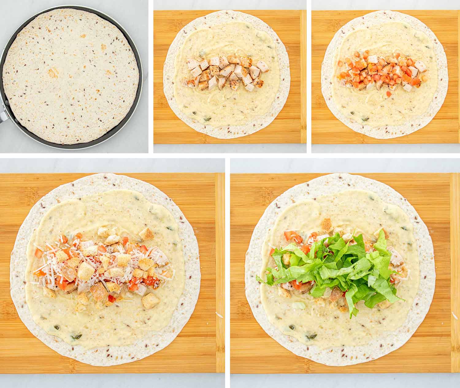 process shots showing how to make chicken caesar wraps.