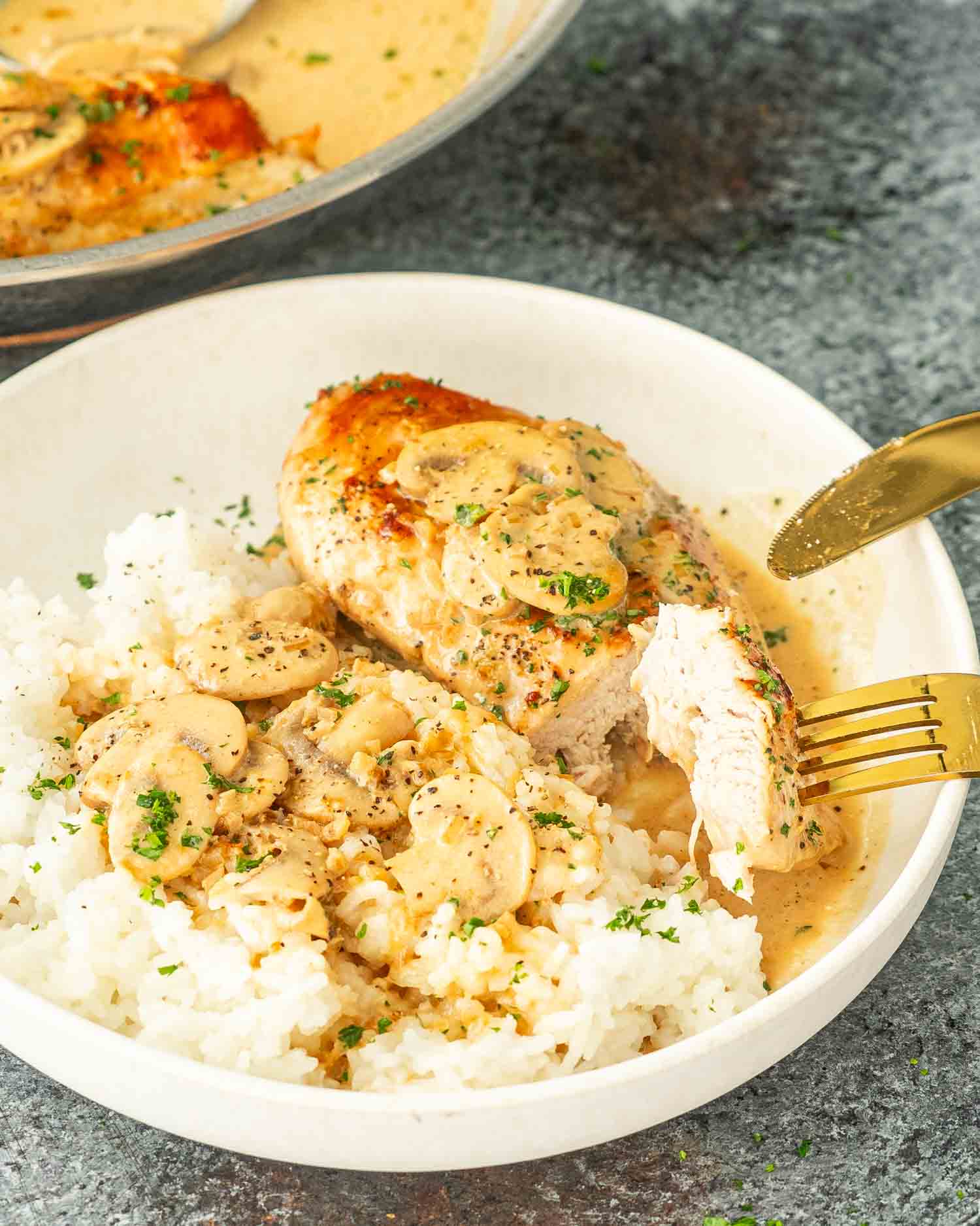 A plate of Chicken Diane served over rice, garnished with parsley, with a creamy mushroom sauce.