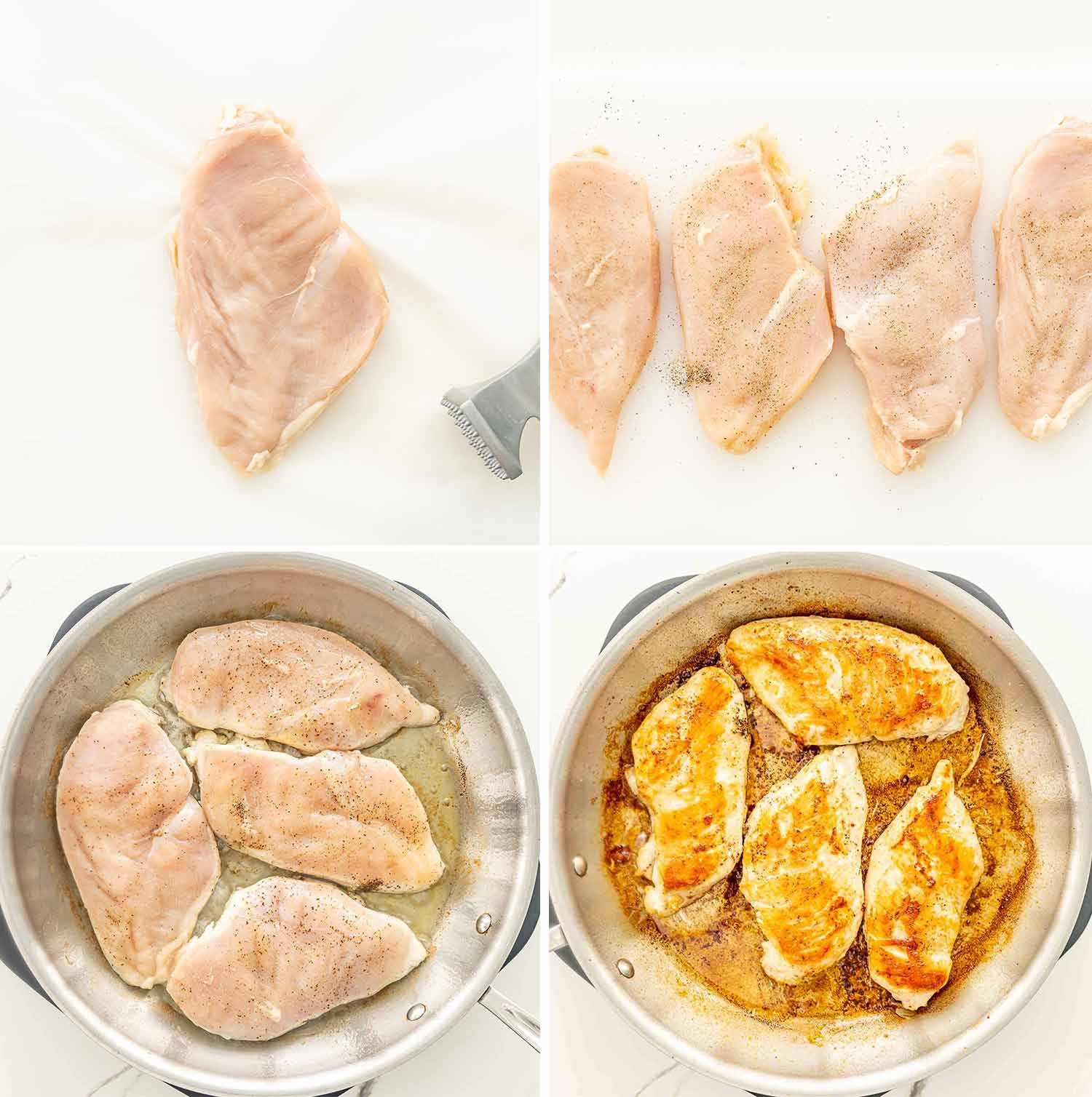 process shots showing how to make chicken diane.