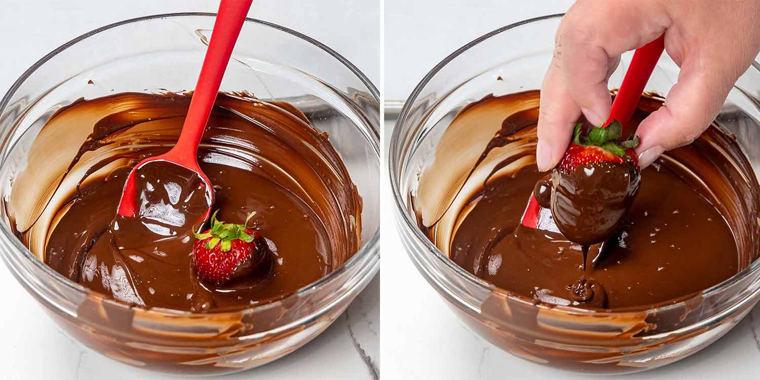 process shots showing how to make chocolate covered strawberries.
