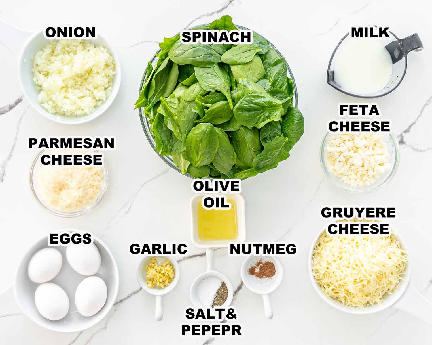 ingredients needed to make crustless spinach quiche.