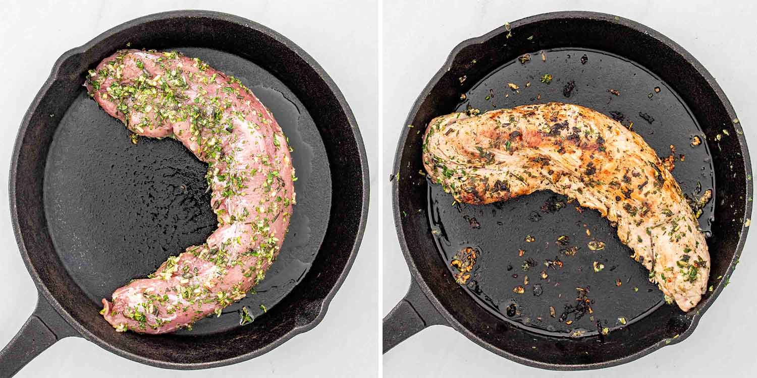 process shots showing how to make herb crusted pork tenderloin.