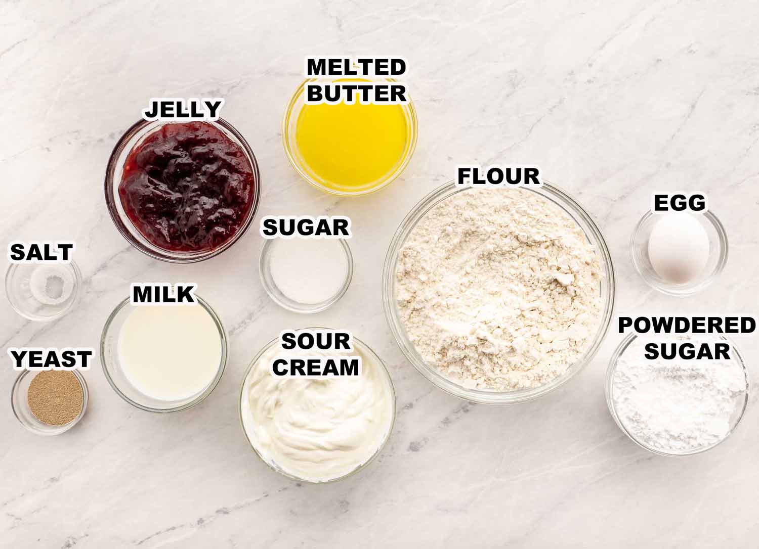 ingredients needed to make jelly donuts.